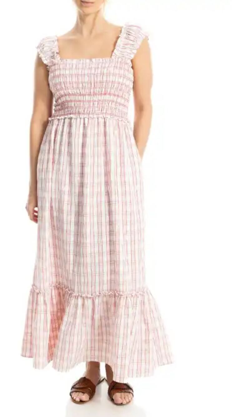 MAX STUDIO Pink White Gingham Smocked Maxi Dress Sz L Cottagecore Boho Country